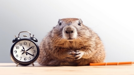 Groundhog with an alarm clock. Poster with funny animals. Good morning. Groundhog Day. Time to study, work, take an exam, interview, meeting, business. The groundhog woke up, weather forecast.