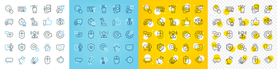 Vector icons set of Phone charging, Touchscreen gesture and Like line icons pack for web with Search employee, Seo gear, Check investment outline icon. Reject protection, Like button. Vector