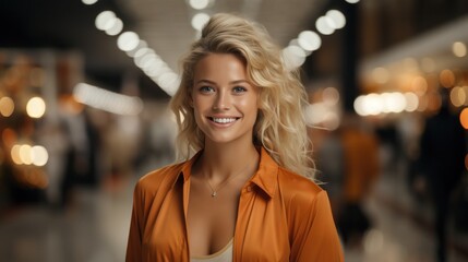 Fototapeta premium A beautiful blonde with a white-toothed smile looks at the camera, dressed in an orange shirt, walking in a shopping mall against a blurry background, shopping. Sale, discount.