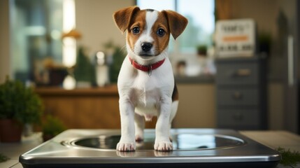 Cute Jack Russell puppy is standing in the veterinary clinic on the scales looking at the camera. Animal Health, pets Companion. - obrazy, fototapety, plakaty