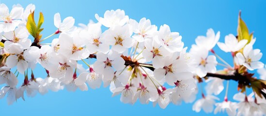 Cherry blossoms bloom in a garden under a blue sky