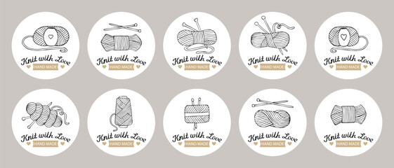 Set of stickers Knitting. knitting needles with skeins of yarn and lettering Knit with love. Hobby icons, logo, vector - obrazy, fototapety, plakaty