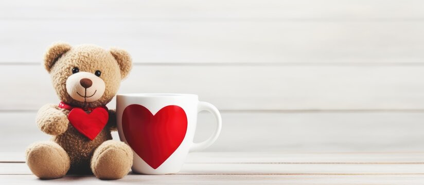 Vintage toned image of teddy bear and heart shaped red object in coffee filled cup on white wooden background