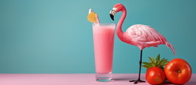 Minimalistic summer dessert and beverage concept featuring a cactus pink flamingo and pastel backdrop