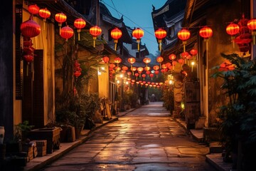 Fototapeta na wymiar Traditional lanterns illuminate the atmospheric streets of a historic Asian town. Generative AI