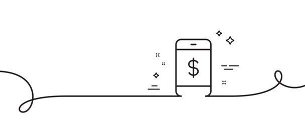 Mobile Shopping line icon. Continuous one line with curl. Smartphone Online buying sign. Dollar symbol. Smartphone payment single outline ribbon. Loop curve pattern. Vector