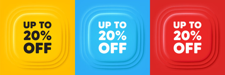 Up to 20 percent off sale. Neumorphic offer banners. Discount offer price sign. Special offer symbol. Save 20 percentages. Discount tag podium background. Product infographics. Vector