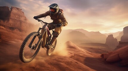 Chasing the Horizon: Mountain Biker's Sunset Trail Adventure. Generative ai