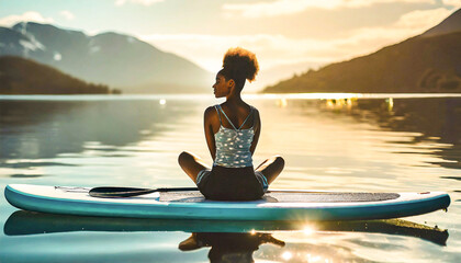 Young African American woman sitting in a rowboat in the middle of a lake practicing meditation and...