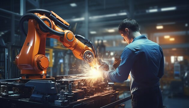 Harnessing Technology: Engineer Oversees Robotic Welding in Smart Factory. Generative ai