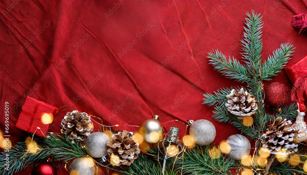 Poster christmas background with xmas tree and sparkle bokeh lights on red canvas background. merry christm