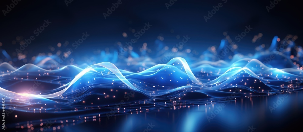 Poster blue futuristic field with luminous particles creating lines and waves visual representation of adva
