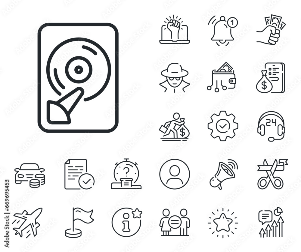 Poster computer memory component sign. salaryman, gender equality and alert bell outline icons. hdd line ic