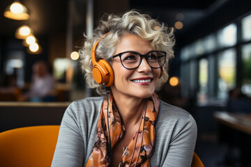 An older woman with gray hair and a light-colored outfit. She is listening to music with orange...