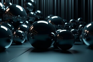 Abstract 3D rendering of dark geometric spheres on a futuristic backdrop. Generative AI