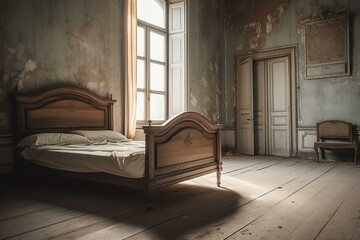 Vintage bedroom with ancient bed in deserted building. Generative AI