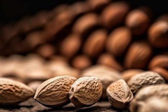 Close-up of almond nuts with a background pile. Generative AI