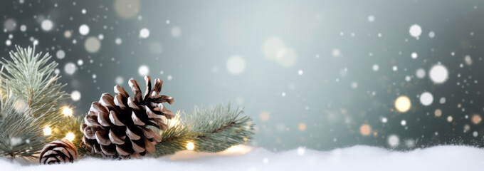 christmas background with pine cones and snow sparkling lights.
