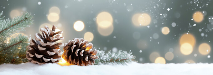 christmas background with pine cones and snow sparkling lights. - 669696412