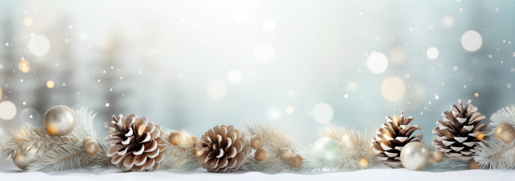 christmas background with pine cones and snow sparkling lights.
