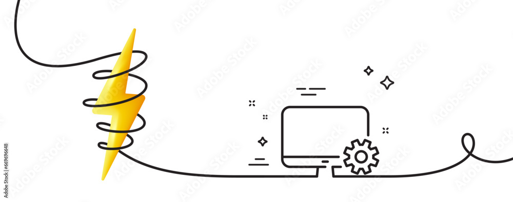 Poster computer or monitor icon. continuous one line with curl. service cogwheel sign. personal computer sy