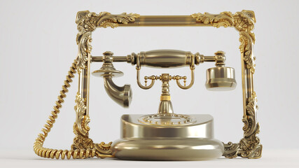 3D render of golden old phone withe retro frame isolated on white background