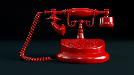 3D render of red old phone isolated on black background