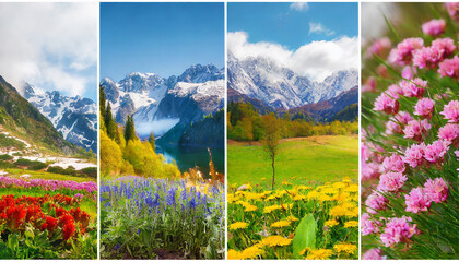 Collage of four seasons landscapes. Set of vertical pictures of nature background arranged in panoramic view. Wonderful outdoor scene of majestic mountains, green meadows and blooming flowers