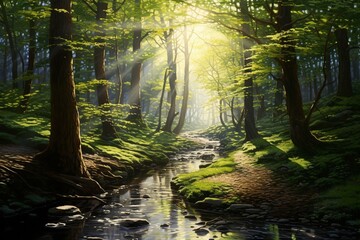 Illustration of sunlight filtering through dense woodland. Generative AI