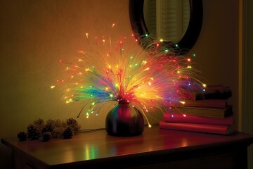 Festive holiday lights creating a burst of colorful illumination resembling a fireworks display. A unique fiber optic lamp adds a touch of whimsy. Generative AI
