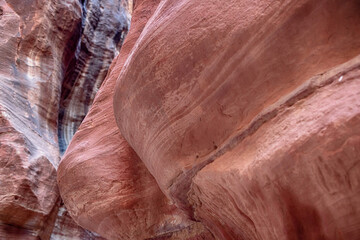 Fototapeta premium Kayon Sik. Close-up of the intricately shaped canyon walls and winding road. Petra Jordan
