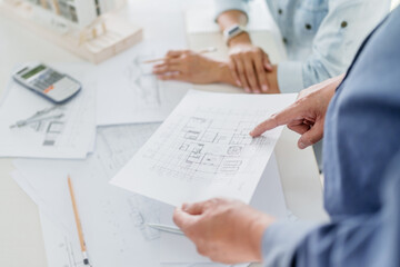 Engineer or interior Architects designer construction plans on blueprint. - obrazy, fototapety, plakaty