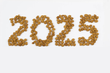 Year 2025 with granule dog food on white background