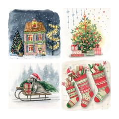 Watercolor christmas card with cozy home, dog santa on the sledge, christmas tree, christmas socks. Can be use as christmas card, invitation, label, tag, greeting card, christmas illustration.