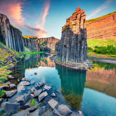 Fototapeta premium Huge basalt column reflected in Jokulsa A Bru river. Amazing summer view of Studlagil Canyon. Stunning morning landscape of Iceland, Europe. Beauty of nature concept background