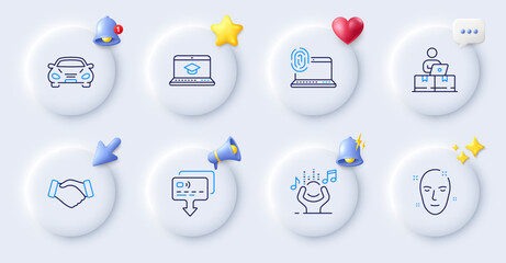 Online storage, Handshake and Computer fingerprint line icons. Buttons with 3d bell, chat speech, cursor. Pack of Card, Health skin, Car icon. Noise, Website education pictogram. Vector