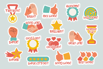 Collection of motivational stickers for great work. Stickers, badges, badges. Flat style, vector