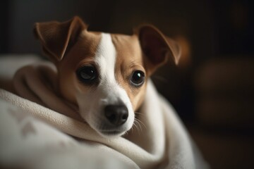 A cheerful puppy snuggles under a cozy blanket in winter, feeling warmth and happiness. Generative AI