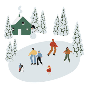 Winter season activities vector illustration with scenes of people skiing, snowboarding, ice skating, sledding, tubing, snovy mountain village Flat style image clipart, cartoon cabin clip art.