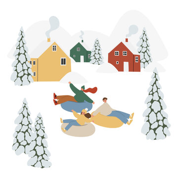 Winter season activities vector illustration with scenes of people skiing, snowboarding, ice skating, sledding, tubing, snovy mountain village Flat style image clipart, cartoon cabin clip art.