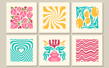 Groovy abstract posters set with lemon fruit, flowers, waves, swirl and twirl pattern in matisse minimal style. Trendy retro trippy design of floral backgrounds. Banners with flowers, plants or prints