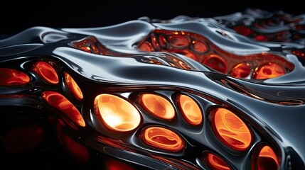 Wavy dynamic backdrop of black plastic material and molten lava. A dynamic plastic form. Abstract background.
