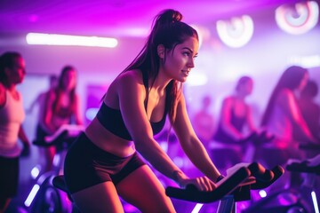Fototapeta na wymiar Portrait of beautiful woman working out at gym, running on bicycle and doing fitness exercises. healthy concept with LED lights