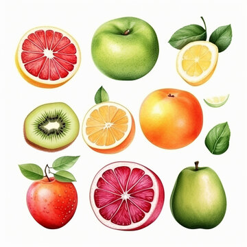 Set of sweet fruits watercolor paint on white background