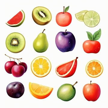 Set of sweet fruits watercolor paint on white background