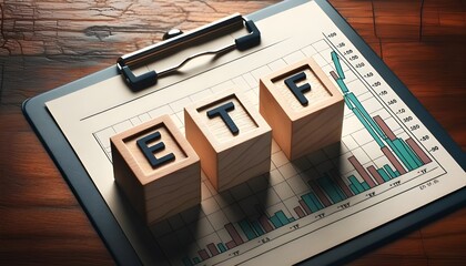Photo of three wooden alphabet blocks placed consecutively on a glossy wooden surface. The blocks are arranged to distinctly spell the letters 'E', 'T', and 'F', forming the abbreviation 'ETF' - obrazy, fototapety, plakaty