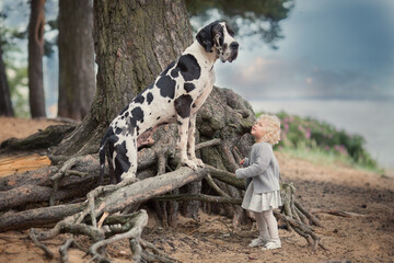 Little blonde girl with great dane on the sand beach in summer  - obrazy, fototapety, plakaty