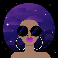 Black woman with space gradient purple clouds and sky with stars in her hair. Stylized portrait of an African American woman with earrings on a black background. Vector illustration for printing on me