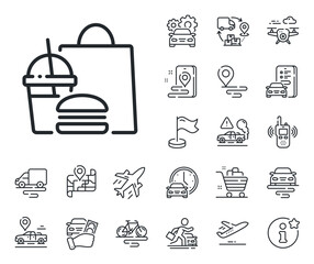 Meal order sign. Plane, supply chain and place location outline icons. Food delivery line icon. Fast food symbol. Fast food line sign. Taxi transport, rent a bike icon. Travel map. Vector