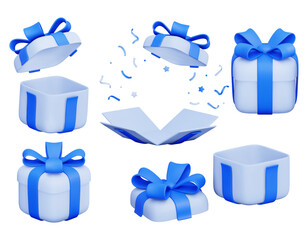 Set of 3d vector gift boxes, open and closed with blue ribbon bow. Flying holiday surprise box with poppers and hearts. Festive presents. For advertising banners, birthday cards. Isolated 3d render